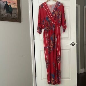 Flying Tomato Red Floral kimono style wide leg Jumpsuit sz medium